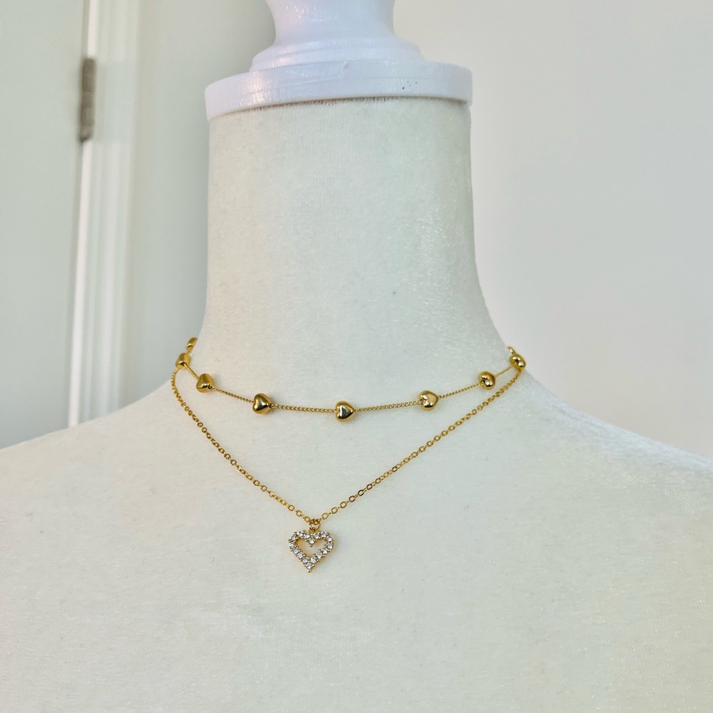 NWOT Double Strand Gold-tone Hearts and Rhinestones Chain-link Necklace - 15” - Picture 2 of 5